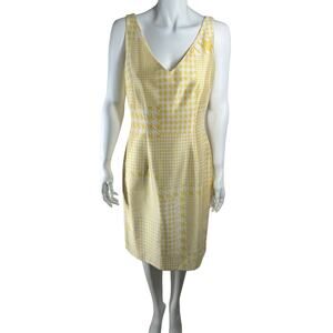 Kay Unger‎ Raw Silk Yellow White Houndstooth V Neck Sleeveless Sheath Dress 8